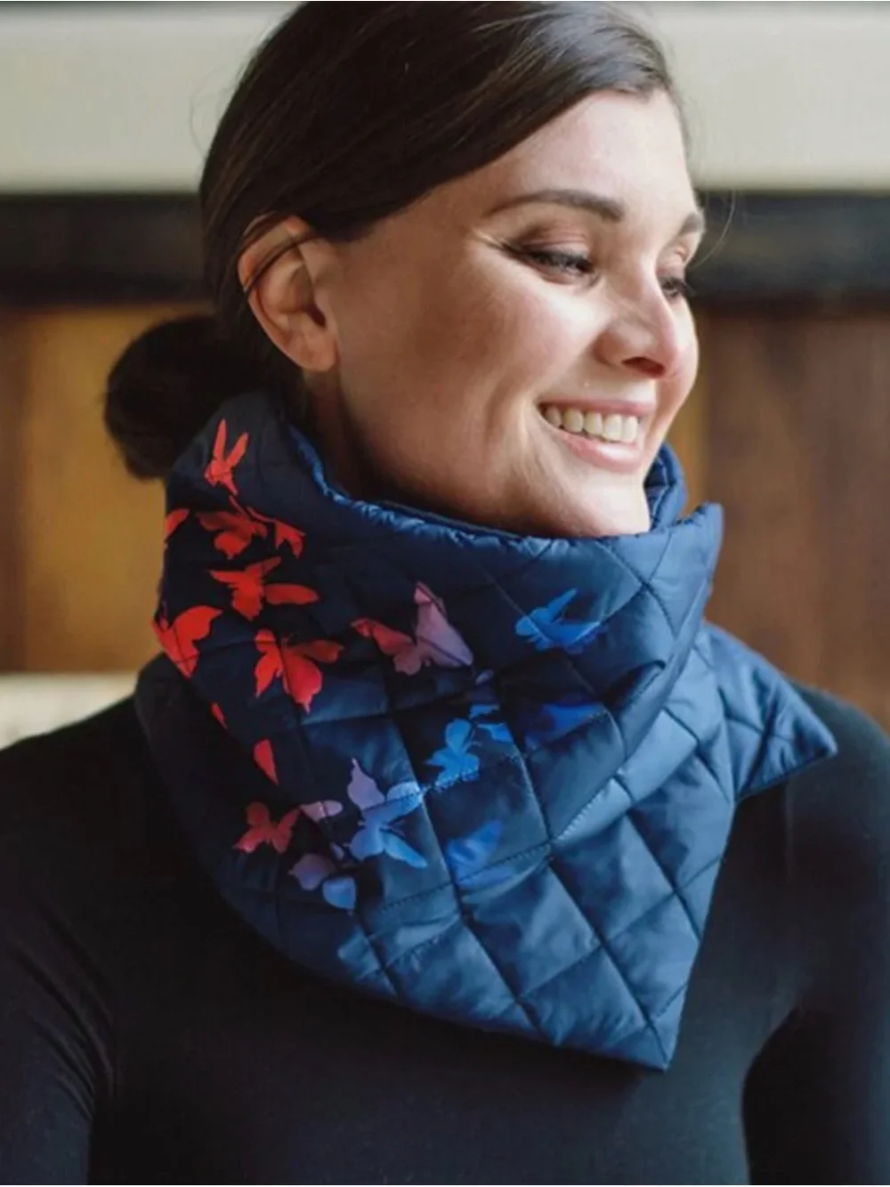 Quilted Powder Puff Navy Neck Wrap with Multicolor Butterfly Accent